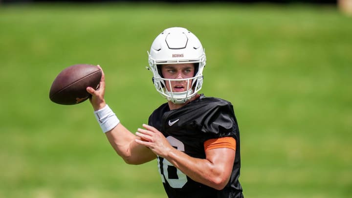 Texas Longhorns Arch Manning, 16, during the first fall football camp practice for the Texas Longhorns at Denius Fields on Wednesday, July 31, 2024.