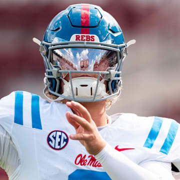 Ole Miss Rebels QB Jaxson Dart warming up prior to the game against the South Carolina Gamecocks.