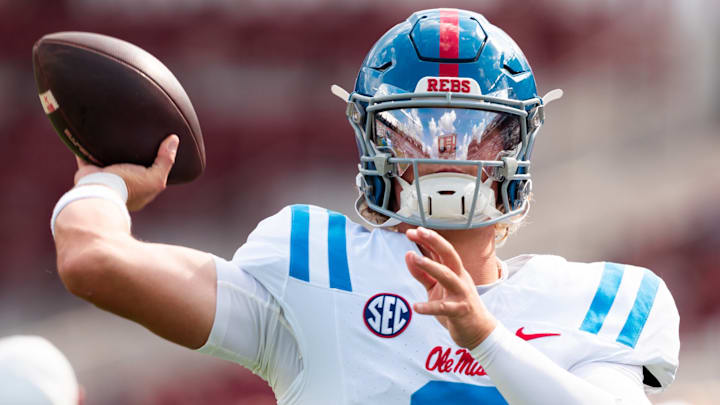 Ole Miss Rebels QB Jaxson Dart warming up prior to the game against the South Carolina Gamecocks. Ole Miss Rebels QB Jaxson Dart warming up prior to the game against the South Carolina Gamecocks.