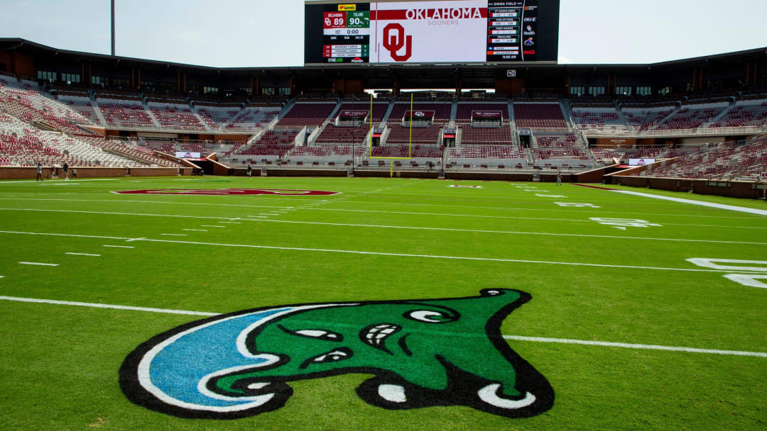 The Tulane Green Wave is painted on the field of the Gaylord Family Oklahoma Memorial Stadium in Norman, Okla. on Friday, Sept. 3, 2021. The logo was painted in preparations for the NCAA football game between the University of Oklahoma Sooners and the Tulane University Green Wave that was moved from New Orleans to Norman due to hurricane Ida.

CENTERPIECE IMAGE