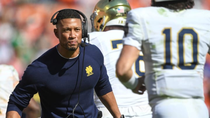 Nov 4, 2023; Clemson, South Carolina, USA; Notre Dame Fighting Irish head coach Marcus Freeman reacts during the third quarter against the Clemson Tigers at Memorial Stadium. Mandatory Credit: Ken Ruinard-USA TODAY Sports