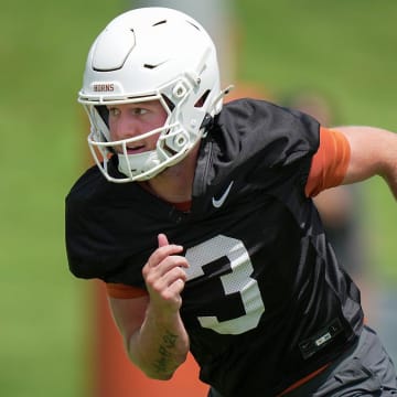 Texas Longhorns Quinn Ewers,3, during the first fall football camp practice for the Texas Longhorns at Denius Fields on Wednesday, July 31, 2024.