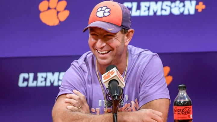 Clemson head coach Dabo Swinney talks with media in the Smart Family Media Center in Clemson, Tuesday, August 6, 2024.