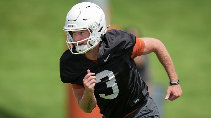 Texas Longhorns Quinn Ewers,3, during the first fall football camp practice for the Texas Longhorns at Denius Fields on Wednesday, July 31, 2024.