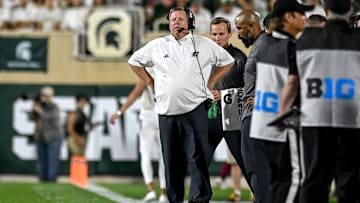 Central Michigan's head coach Jim McElwain looks on during the third quarter in the football game against Michigan State on Friday, Sept. 1, 2023, at Spartan Stadium in East Lansing.