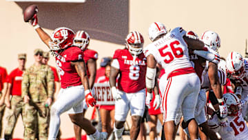 Indiana's Mikail Kamara (6) celebrates a turnover during the Indiana versus Nebraska football game at Memorial Stadium on Saturday, Oct. 19, 2024.