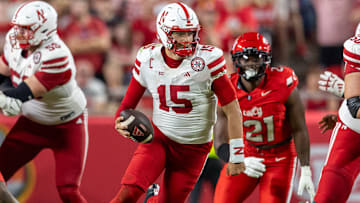 Nebraska quarterback Dylan Raiola scrambles for nine yards against Cincinnati at Arrowhead Stadium in Kansas City.