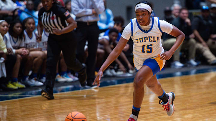 Tupelo Lady Wave's shooting guard Bailey Siddell drives the ball during the MHSAA Class 7A championship against Germantown last March.
