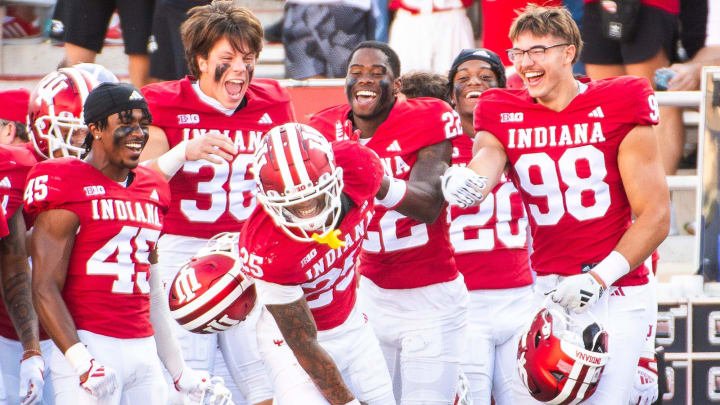 Indiana's Amare Ferrell (25) celebrates after he made the interception during the second half of the Indiana versus Florida International football game at Memorial Stadium on Saturday, Aug. 31, 2024.