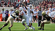 Sep 20, 2025; Blacksburg, Va.; Virginia Tech quarterback Kyron Drones (1) throws a pass during the first quarter.