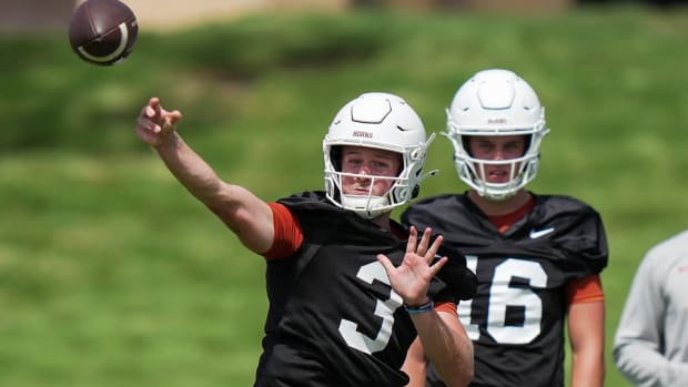 Texas Longhorns Quinn Ewers during the first fall football camp practice for the Texas Longhorns at Denius Fields on Wednesda