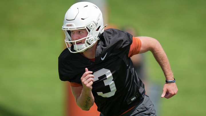 Texas Longhorns Quinn Ewers,3, during the first fall football camp practice for the Texas Longhorns at Denius Fields on Wednesday, July 31, 2024.