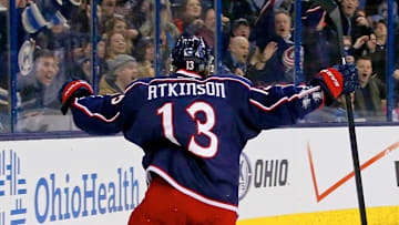 Blue Jackets forward Cam Atkinson celebrates a goal on home ice.
