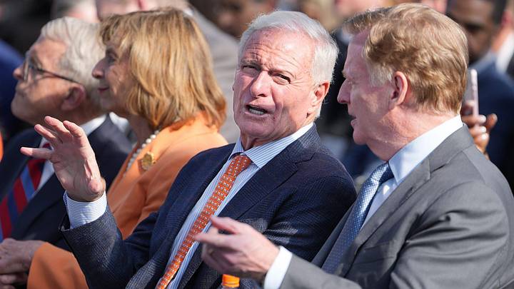 Browns owner Jimmy Haslam, left, talks to NFL Commissioner Roger Goodell.