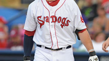 July 11, 2012; Reading, PA USA; Portland SeaDogs player Bryce Brentz (25) smiles after fouling off a pitch during the AA Eastern League All-Star game at FirstEnergy Stadium. The Eastern Division defeated the Western Division, 5-4. Mandatory Credit: Eric Hartline-Imagn Images