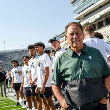 Basketball coach Tom Izzo looks on from the sidelines before Michigan State's football game against Youngstown State on Saturday, Sept. 11, 2021, in East Lansing.

210911 Msu Youngstown Fb 036a