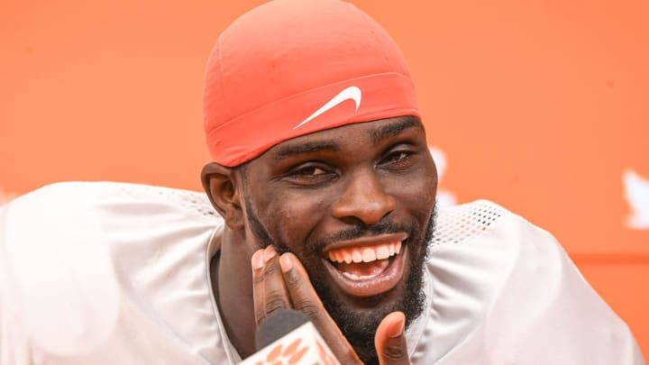 Clemson running back Phil Mafah (7) during player interviews at the Smart Family Media Center in Clemson, August 5, 2024.