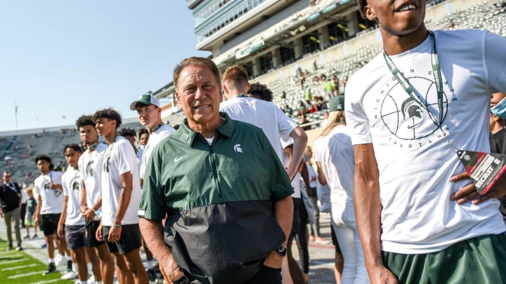 Basketball coach Tom Izzo looks on from the sidelines before Michigan State's football game against Youngstown State on Saturday, Sept. 11, 2021, in East Lansing.

210911 Msu Youngstown Fb 036a