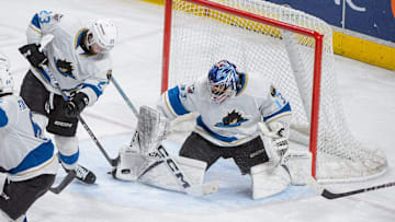 Cleveland Monsters goalie Jet Greaves (73) blocks a shot during the decisive game 7 of the AHL Eastern Conference Finals between the Hershey Bears and Cleveland Monsters on Wednesday, June 12, 2024, at the Giant Center in Hershey. The Bears won, 3-2, in overtime.