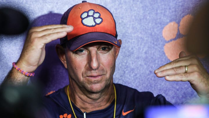 Clemson head coach Dabo Swinney talks with media in the media room at Memorial Stadium in Clemson, Satuday, August 10, 2024.