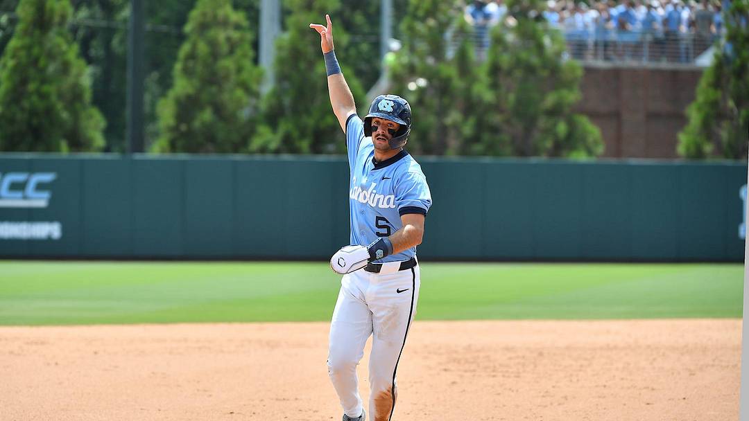 North Carolina's Gavin Gallaher (5) reacts to the home run against Arizona hit by Tyson Bass (11) in the seventh inning. The North Carolina Tarheels and the Arizona Wildcats met in game two of the NCAA Division 1 Super Regionals in Chapel Hill, N.C. on June 7, 2025.
