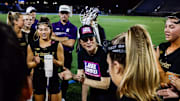 Northwestern Women's Lacrosse head coach Kelly Amonte Hiller in the huddle.