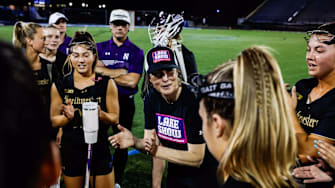 Northwestern Women's Lacrosse head coach Kelly Amonte Hiller in the huddle.