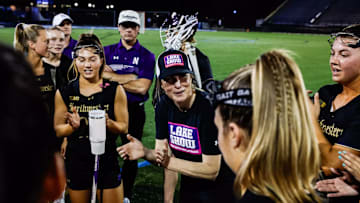 Northwestern Women's Lacrosse head coach Kelly Amonte Hiller in the huddle.