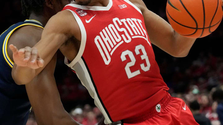 Mar 3, 2024; Columbus, OH, USA; Ohio State Buckeyes forward Zed Key (23) dribbles the ball during their NCAA Division I Mens basketball game at Value City Arena.