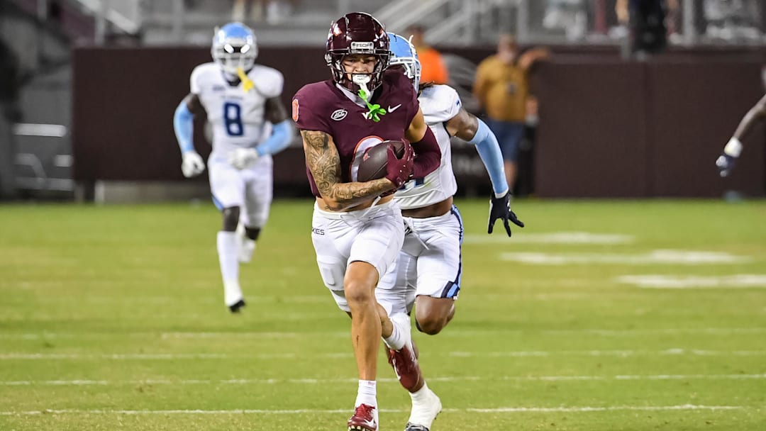 Sep 13, 2025; Blacksburg, Va.; Virginia Tech wide receiver Ayden Greene (0) runs after a catch during the third quarter vs. ODU.