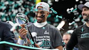 Hurts threw two touchdowns en route to winning Super Bowl MVP honors.