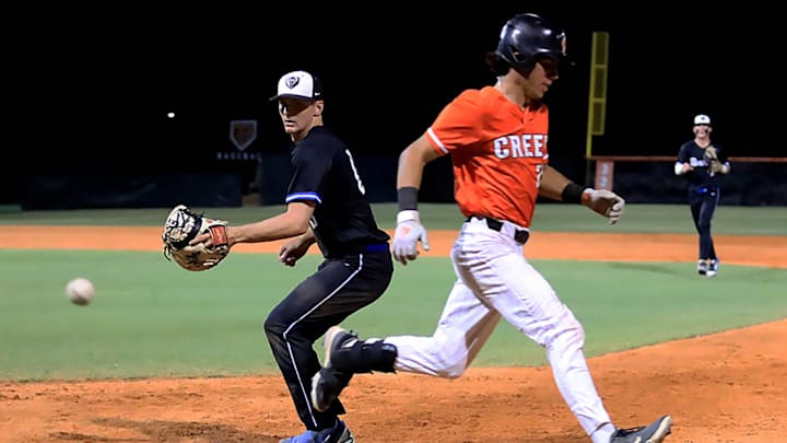 Spruce Creek's Tyler Boyesen (23) runs through first base before advancing to second as the ball gets away from Bartram Trail's first baseman in last year's Region 1-7A quarterfinals. Last week, Boyesen went 3-for-4 with two home runs, three runs scored and three RBI to lead the Hawks past Viera, 9-0. Spruce Creek's Tyler Boyesen (23) runs through first base before advancing to second as the ball gets away from Bartram Trail's first baseman in last year's Region 1-7A quarterfinals. Last week, Boyesen went 3-for-4 with two home runs, three runs scored and three RBI to lead the Hawks past Viera, 9-0.
