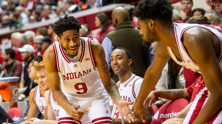 Indiana's Kanaan Carlyle (9) smiles as he exits the game during the Indiana versus Minnesota men's basketball game at Simon Skjodt Assembly Hall on Monday, Dec. 9, 2024. Indiana's Kanaan Carlyle (9) smiles as he exits the game during the Indiana versus Minnesota men's basketball game at Simon Skjodt Assembly Hall on Monday, Dec. 9, 2024.