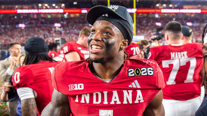 Indiana's Roman Hemby (1) celebrates after the College Football Playoff National Championship college football game at Hard Rock Stadium in Miami Gardens on Monday, Jan. 19, 2026.