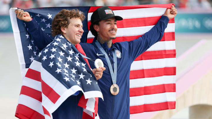 Americans Jagger Eaton and Nyjah Huston won the silver and bronze medals in men's street skateboarding in Paris.