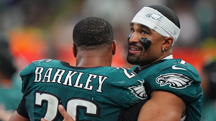 Hurts (right) was named Super Bowl MVP after leading the Eagles to a 40–22 win over the Chiefs.