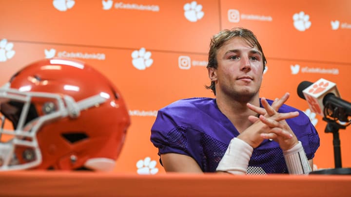 Clemson quarterback Cade Klubnik listens to a question from media at the Smart Family Media Center in Clemson, S.C., Tuesday, August 13, 2024.