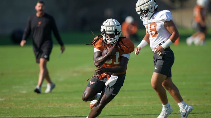 Texas Longhorns tight and Juan Davis during the first day with pads in fall football camp practice for the Texas Longhorns at Denius Fields on Monday, August 5, 2024.