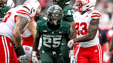 Michigan State's Chance Rucker celebrates after a defensive stop against Nebraska during the third quarter on Saturday, Nov. 4, 2023, at Spartan Stadium in East Lansing.