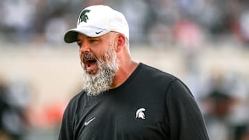 Michigan State's defensive coordinator Scottie Hazelton calls out to players during the Meet the Spartans open practice on Monday, Aug. 23, 2021, at Spartan Stadium in East Lansing.

210823 Meet The Spartans Football 103a