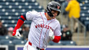 Worcester left fielder Roman Anthony runs on a fly ball against the Durham Bulls May 23.
