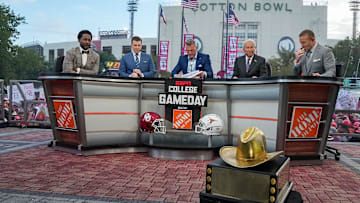 The Hosts of College GameDay during their show early morning before the NCAA college football game between Texas Longhorns Oklahoma Sooners at the Cotton Bowl on Saturday, Oct. 7, 2023 in Dallas, Texas. This game makes up the119th rivalry match up.