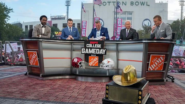 The Hosts of College GameDay during their show early morning before the NCAA college football game between Texas Longhorns Oklahoma Sooners at the Cotton Bowl on Saturday, Oct. 7, 2023 in Dallas, Texas. This game makes up the119th rivalry match up.