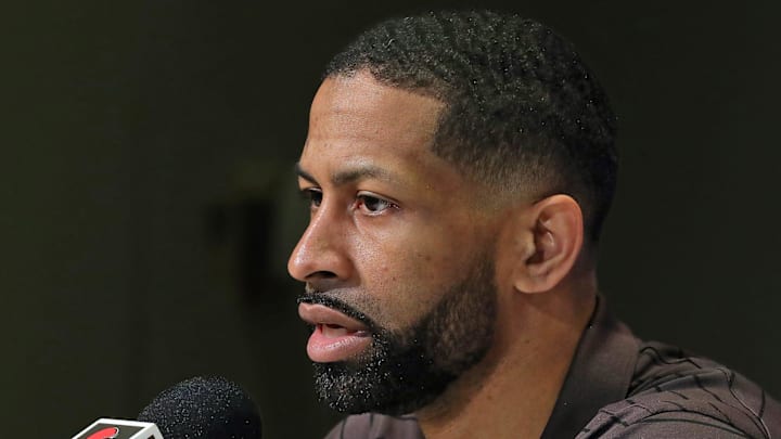 Cleveland Browns general manager Andrew Berry responds to questions during Watson's introductory press conference at the Cleveland Browns Training Facility on March 25, 2022.