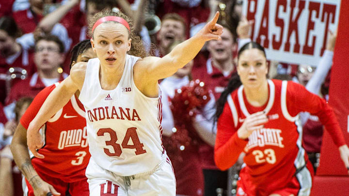 Indiana's Grace Berger (34) thanks another player for an assist during the first half of the Indiana versus Ohio State women's basketball game at Simon Skjodt Assembly Hall on Thursday, Jan. 26, 2023. Indiana's Grace Berger (34) thanks another player for an assist during the first half of the Indiana versus Ohio State women's basketball game at Simon Skjodt Assembly Hall on Thursday, Jan. 26, 2023.