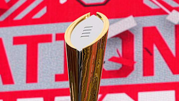 The College Football Playoff trophy sits on display during the Ohio State Buckeyes National Championship celebration at Ohio Stadium in Columbus on Jan. 27, 2025.