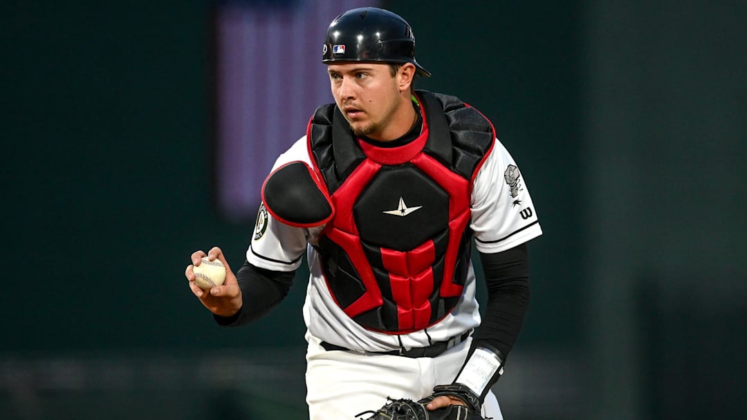 Lugnuts' Daniel Susac shows the ball to an umpire in the eighth inning during the game against the Whitecaps on Tuesday, April 11, 2023, at Jackson Field in Lansing. Lugnuts' Daniel Susac shows the ball to an umpire in the eighth inning during the game against the Whitecaps on Tuesday, April 11, 2023, at Jackson Field in Lansing.