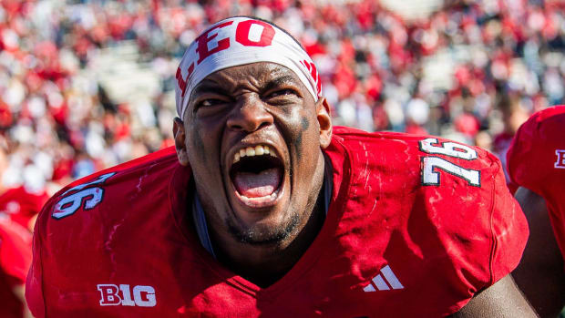 ndiana's Matthew Bedford (76) celebrates the Hoosiers victory after the second half of the Indiana versus Wisconsin