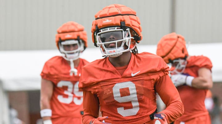 Clemson safety R.J. Mickens (9) during the Clemson first football August practice in Clemson, S.C. Thursday August 1, 2024.