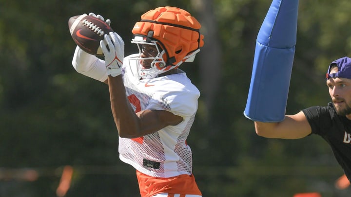 Clemson wide receiver Bryant Wesco Jr. (12) catches a pass during Clemson football practice at Jervey Meadows in Clemson, S.C. Wednesday August 7, 2024.